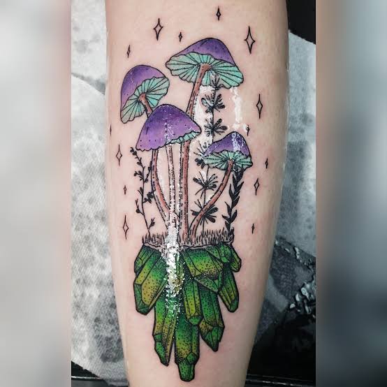 Purple mushrooms growing from green crystals with stars scattered across the calf.