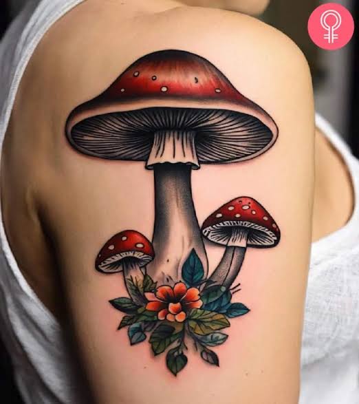 Three deep red mushrooms with dark gills and bright flowers covering the upper arm.