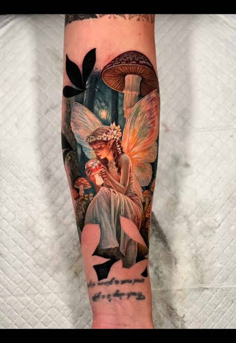 Seated fairy holding a red spotted mushroom beneath a giant cap on the forearm.