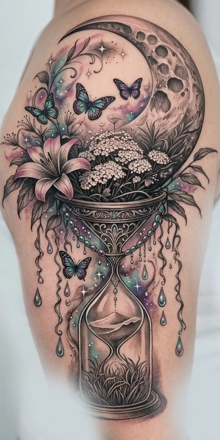 Floral hourglass with butterflies, stars, and a cratered crescent moon on the outer thigh