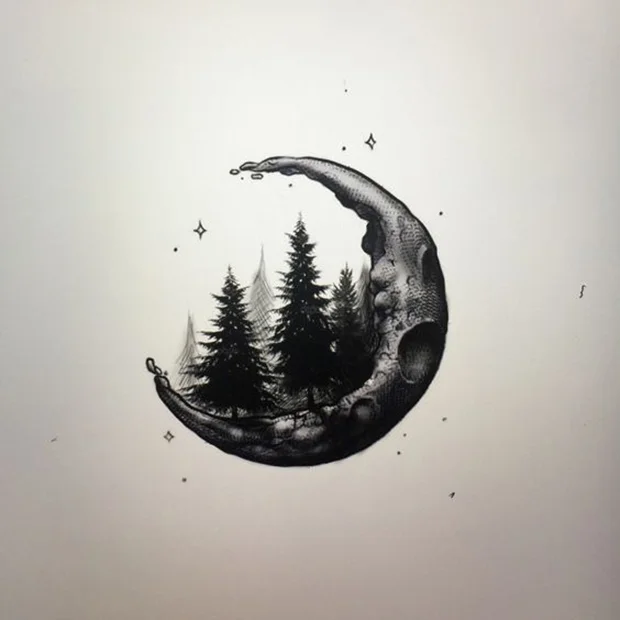 Crescent moon cradling a shaded pine forest, with tiny stars around it
