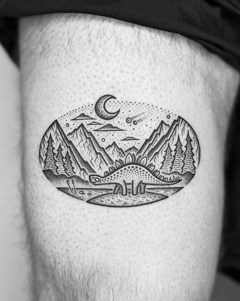 Small dinosaur beneath a crescent moon, with mountains and pine trees on the thigh
