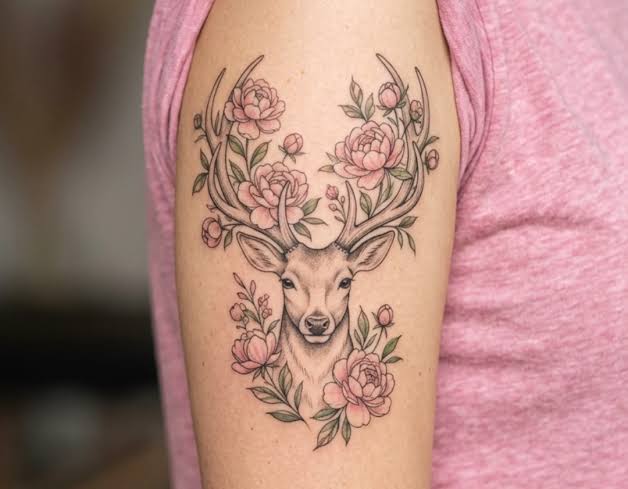 Deer with pink roses tucked around its antlers on the outer upper arm