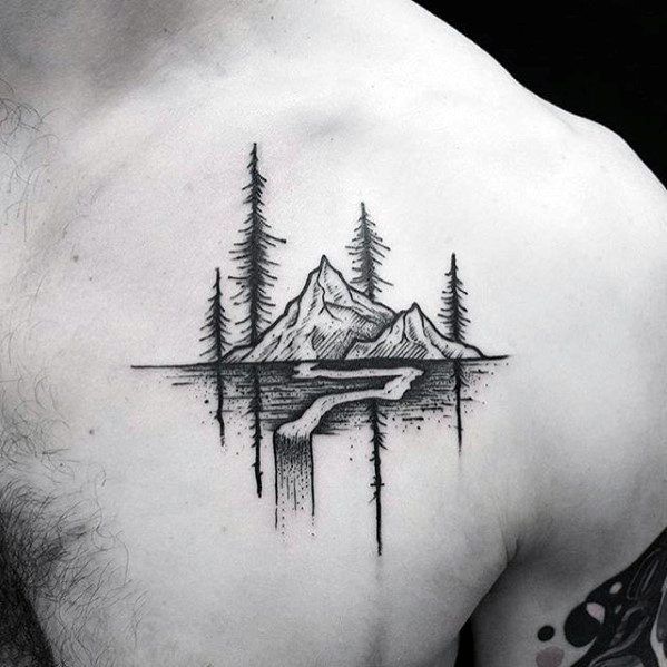 Mountain peaks and pine trees reflected in a lake across the upper back