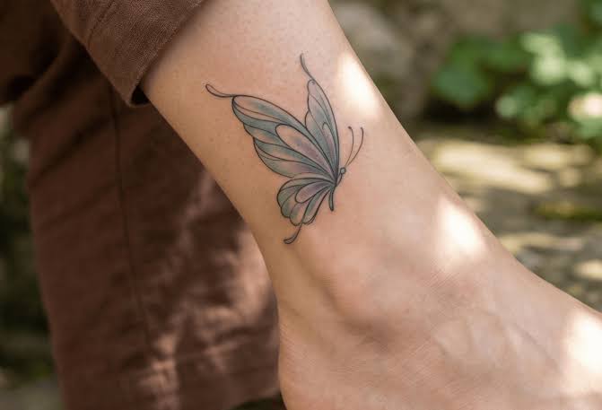 Small blue butterfly with fine lines just above the ankle