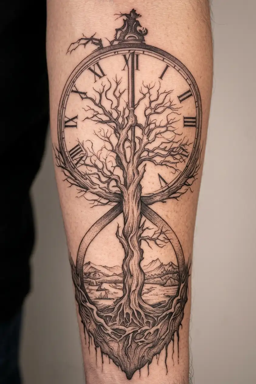 Tree with branches over a Roman numeral clock and roots inside an hourglass