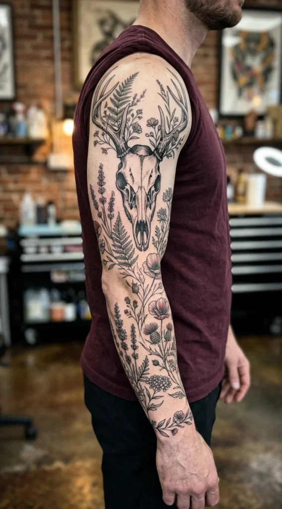A deer skull and antlers sit among wildflowers and leafy stems drawn in fine black lines.