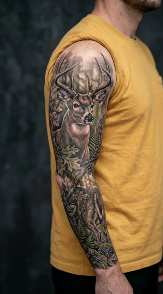 A buck with wide antlers stands among oak leaves and ferns, with a second deer lower on the arm.