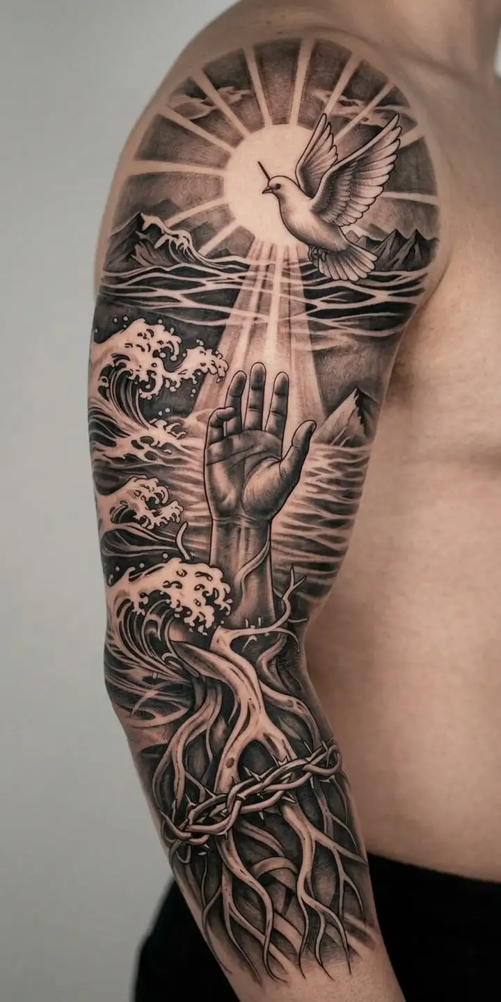 A dove flies above crashing waves and a raised hand, with sunbeams and roots extending down the arm.