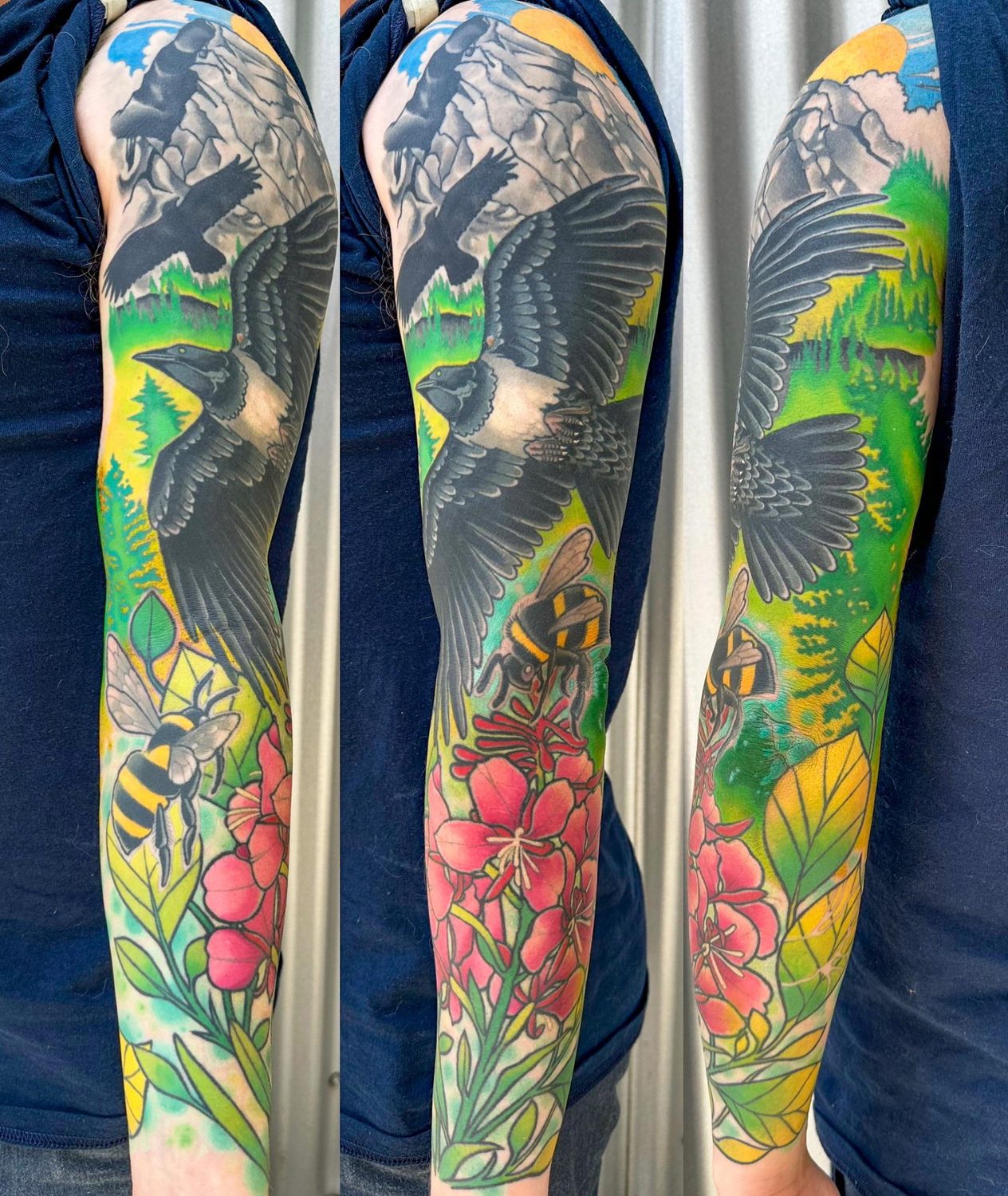 Dark birds fly over green forest and rocky peaks, with a striped bee and pink flowers on the forearm.