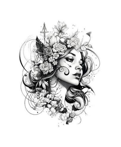 Blackwork floral muse with flowing hair, dark leaves, and a distant cathedral spire on the upper arm