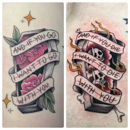 Matching coffin tattoos with roses, bones, and ribbon vows on two calves