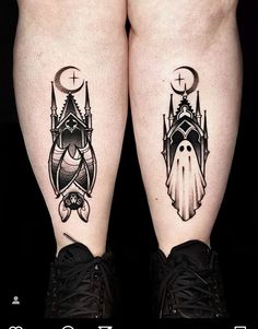 Matching moon crowned spirits in tall black ink designs on both calves