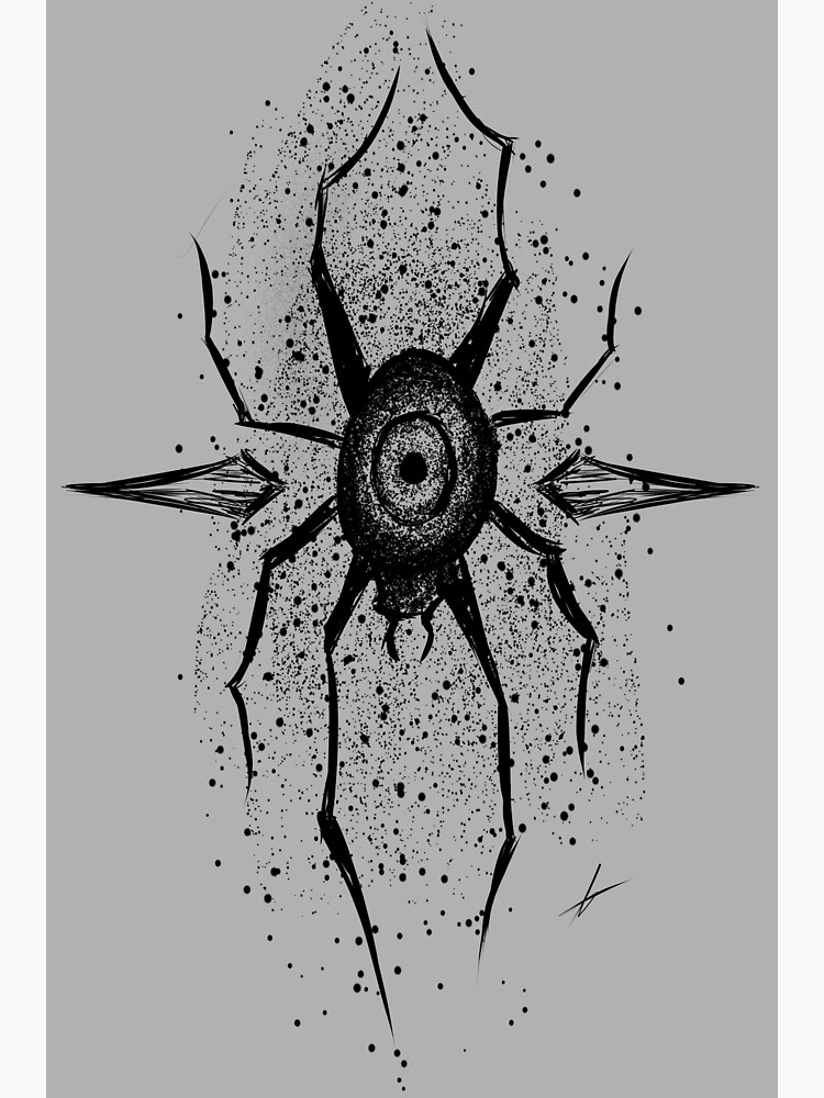 Sketch style spider tattoo with ink splatters, a glowing eye, and dagger legs.