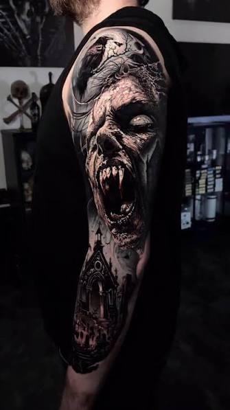 Decaying vampire with jagged teeth, bats, a moon, and a chapel across a horror sleeve