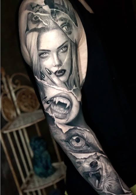 Realistic sleeve collage featuring a pale vampire, fanged mouth, watchful eye, and snarling beast