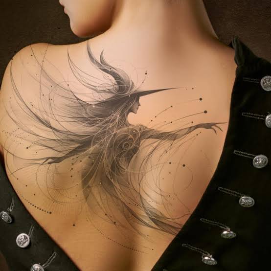 Fine line witch tattoo showing a windblown figure with swirling strokes and scattered dots on the shoulder blade.