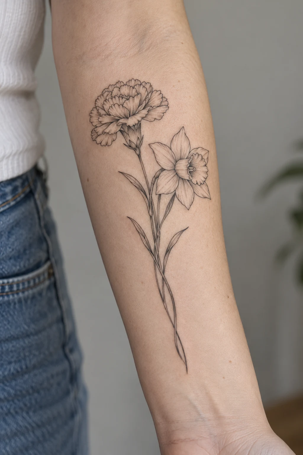 Fine line carnation and daffodil tattoo with joined stems on the inner forearm.