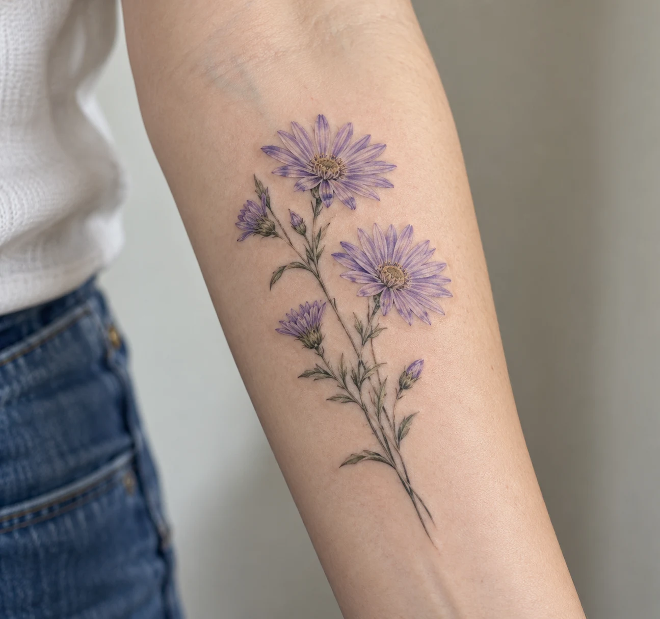 Delicate lavender aster tattoo on the inner forearm.