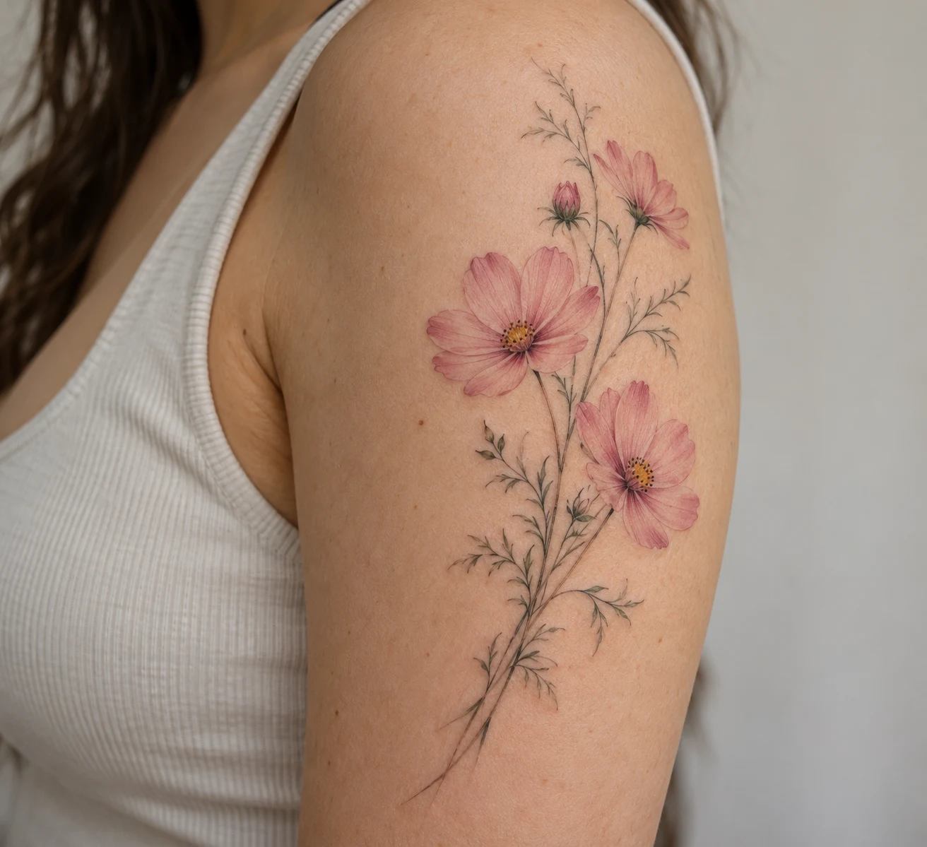 Soft pink cosmos tattoo on the upper arm.