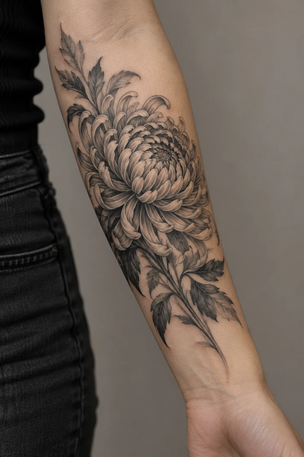 Detailed black and gray chrysanthemum tattoo with layered petals on the outer forearm.