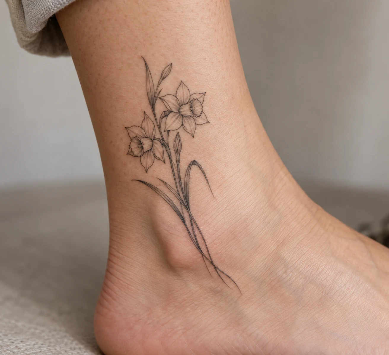 Fine line paperwhite narcissus tattoo on the ankle.