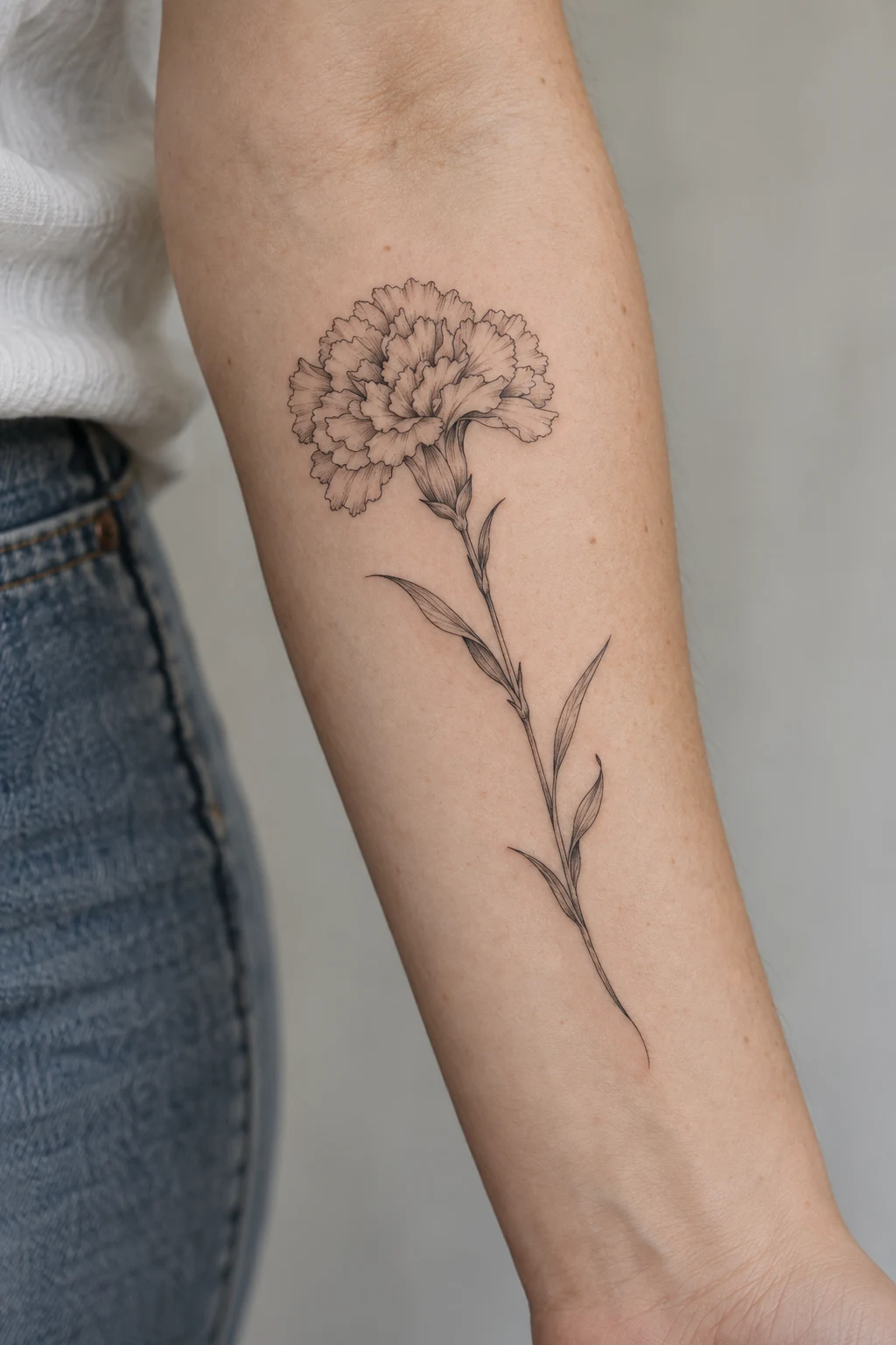 Single-stem carnation tattoo in fine line style on the inner forearm.