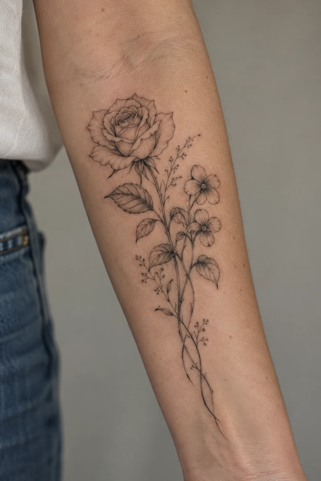 Fine line rose and violet tattoo with intertwined stems on the inner forearm.