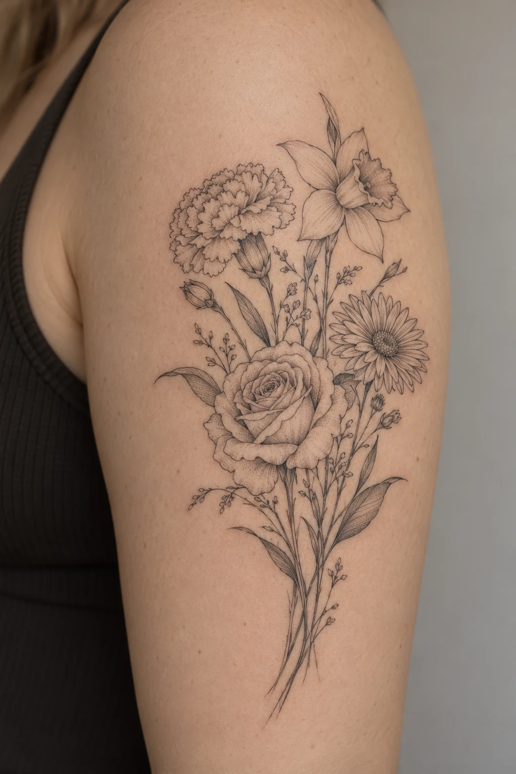 Fine line bouquet tattoo of carnation, daffodil, rose, and aster on the upper arm.