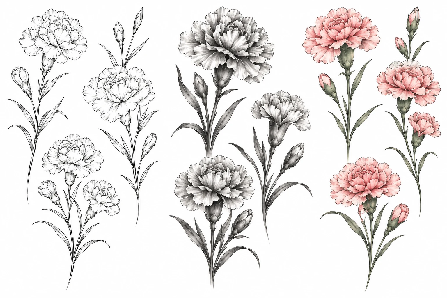 Carnation tattoo sketches comparing fine line, black and gray shading, and soft pink color.