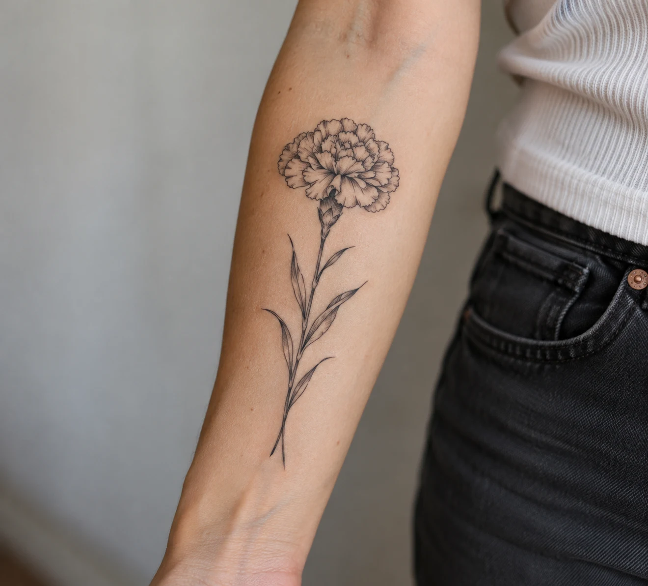 Fine line carnation tattoo with a long stem on the inner forearm.