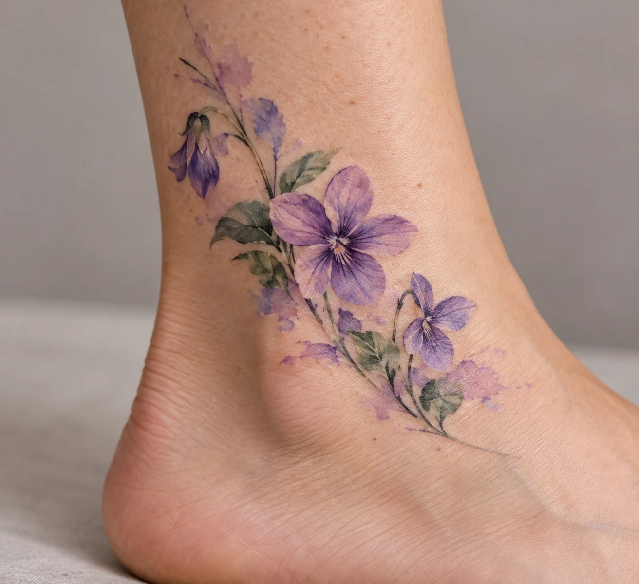 Violet tattoo in soft purple watercolor on the ankle.