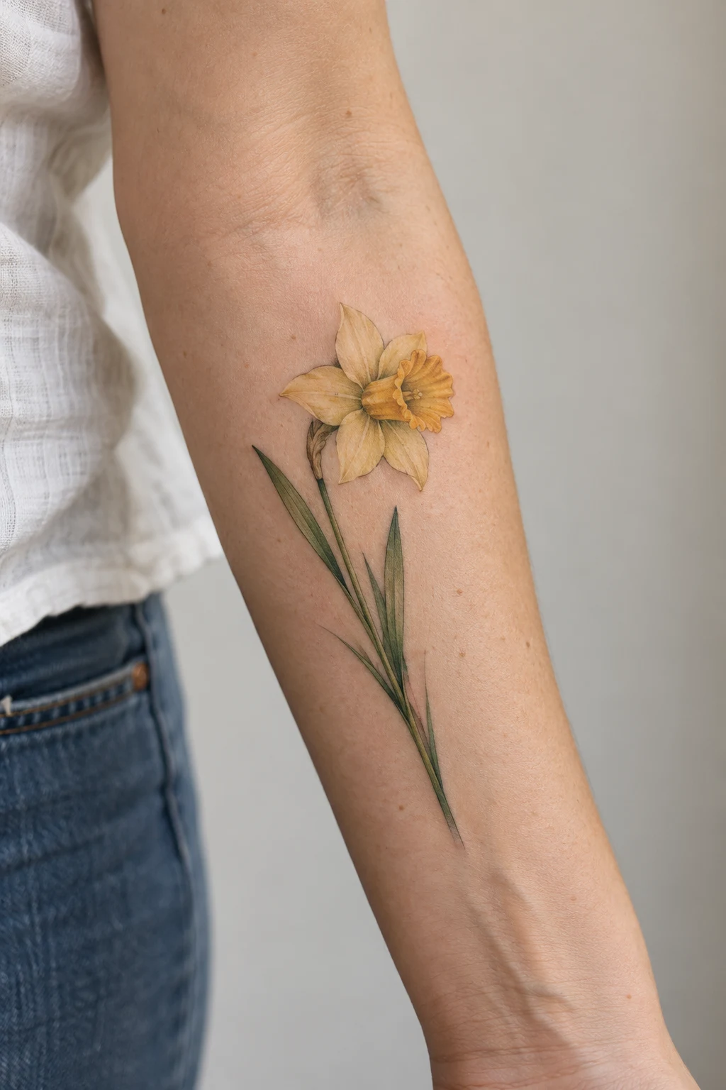 Daffodil tattoo in delicate color on the outer forearm.