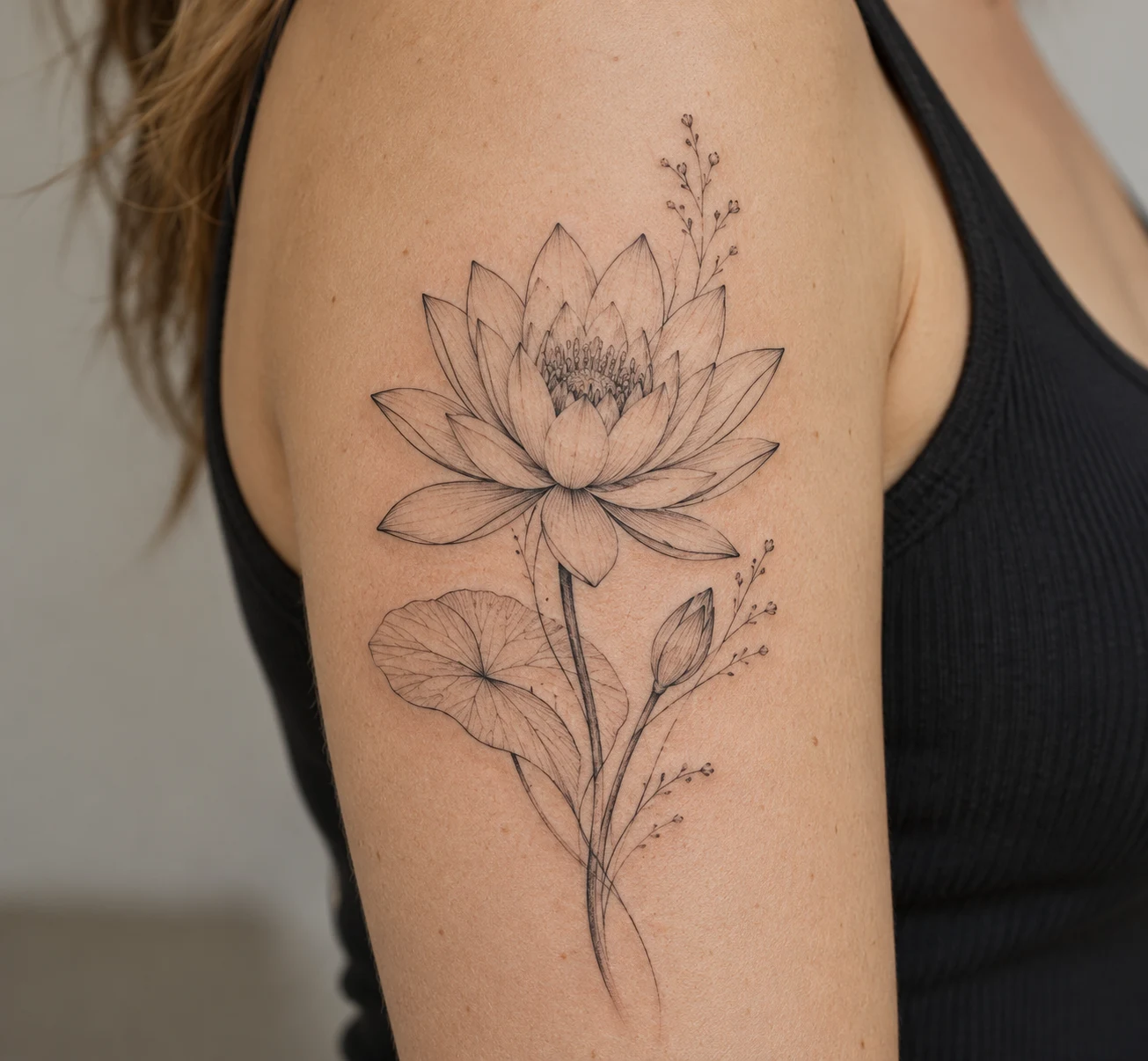 Fine line water lily tattoo with an open bloom on the upper arm.