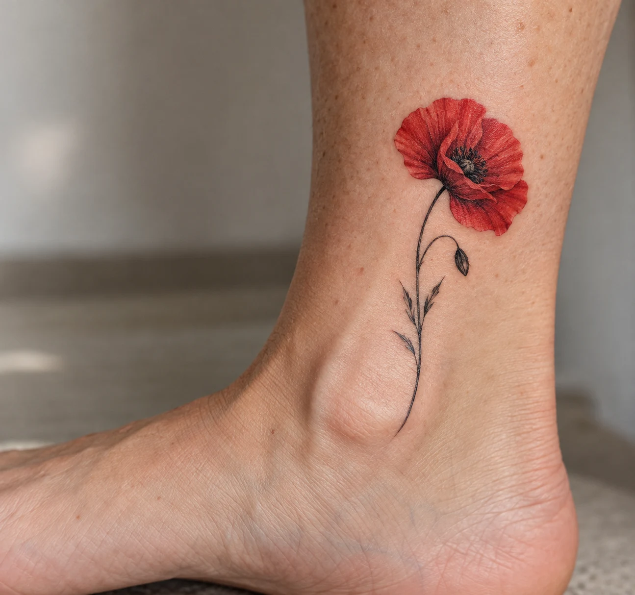 Red poppy tattoo with a fine black stem on the ankle.
