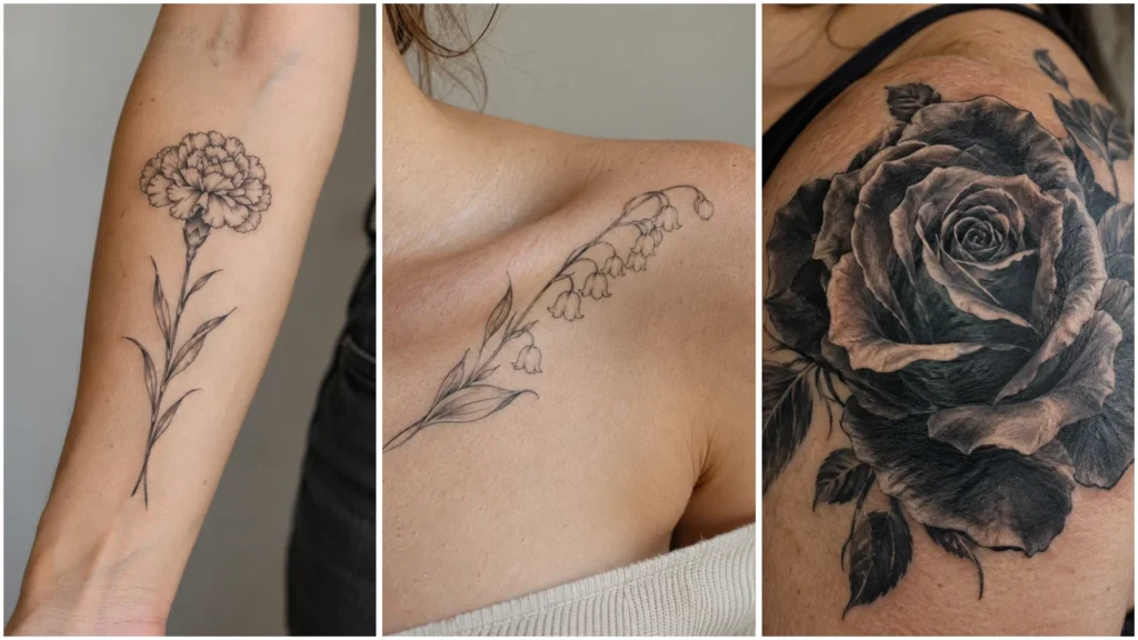 Carnation forearm tattoo, lily-of-the-valley collarbone tattoo and black-and-grey rose shoulder tattoo in three panels.