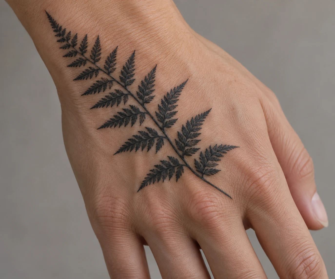 Black fern frond tattoo with spaced leaflets running diagonally across the back of a hand.
