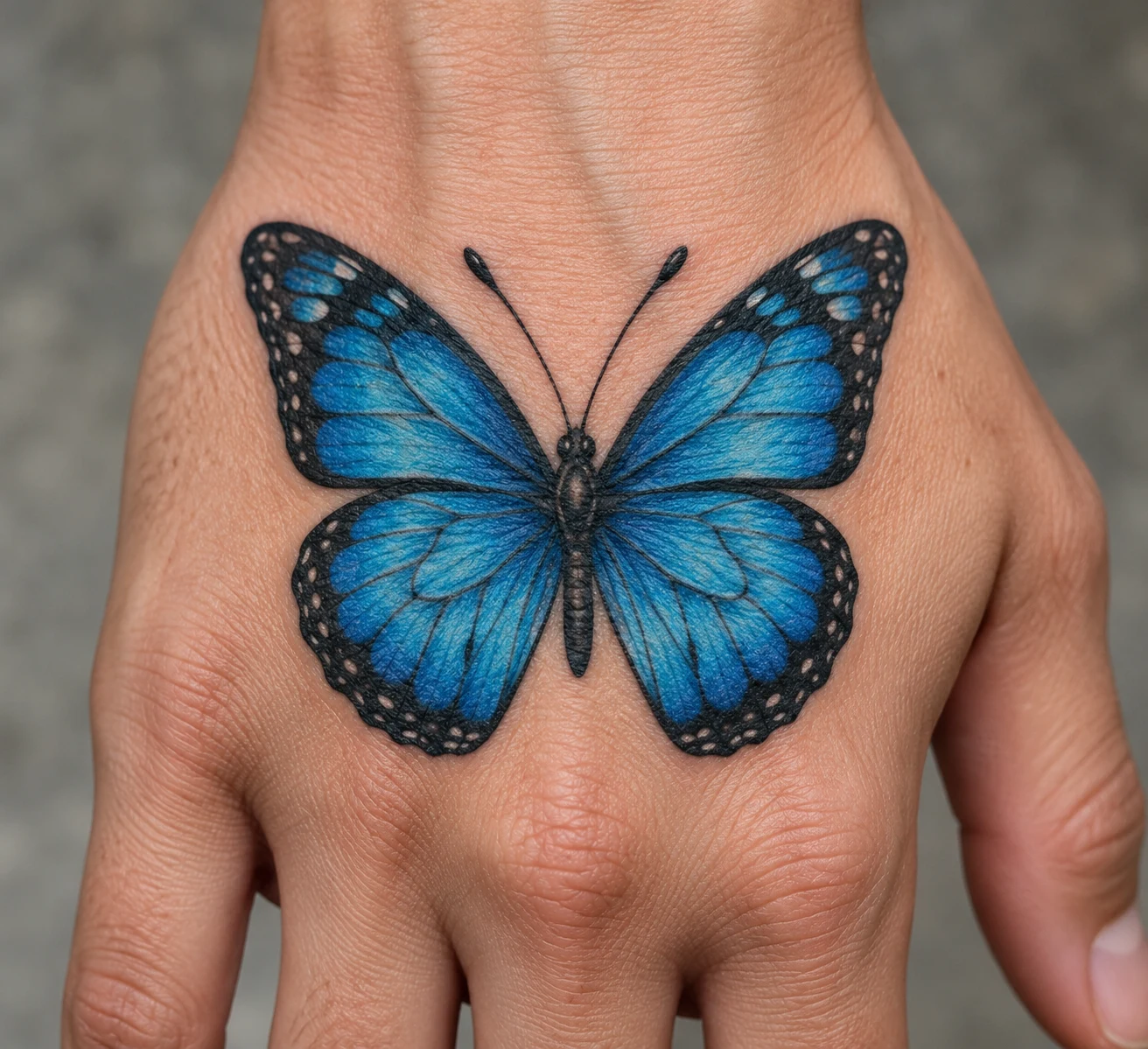 Blue butterfly tattoo with open symmetrical wings and black outlines centered on the back of a hand.