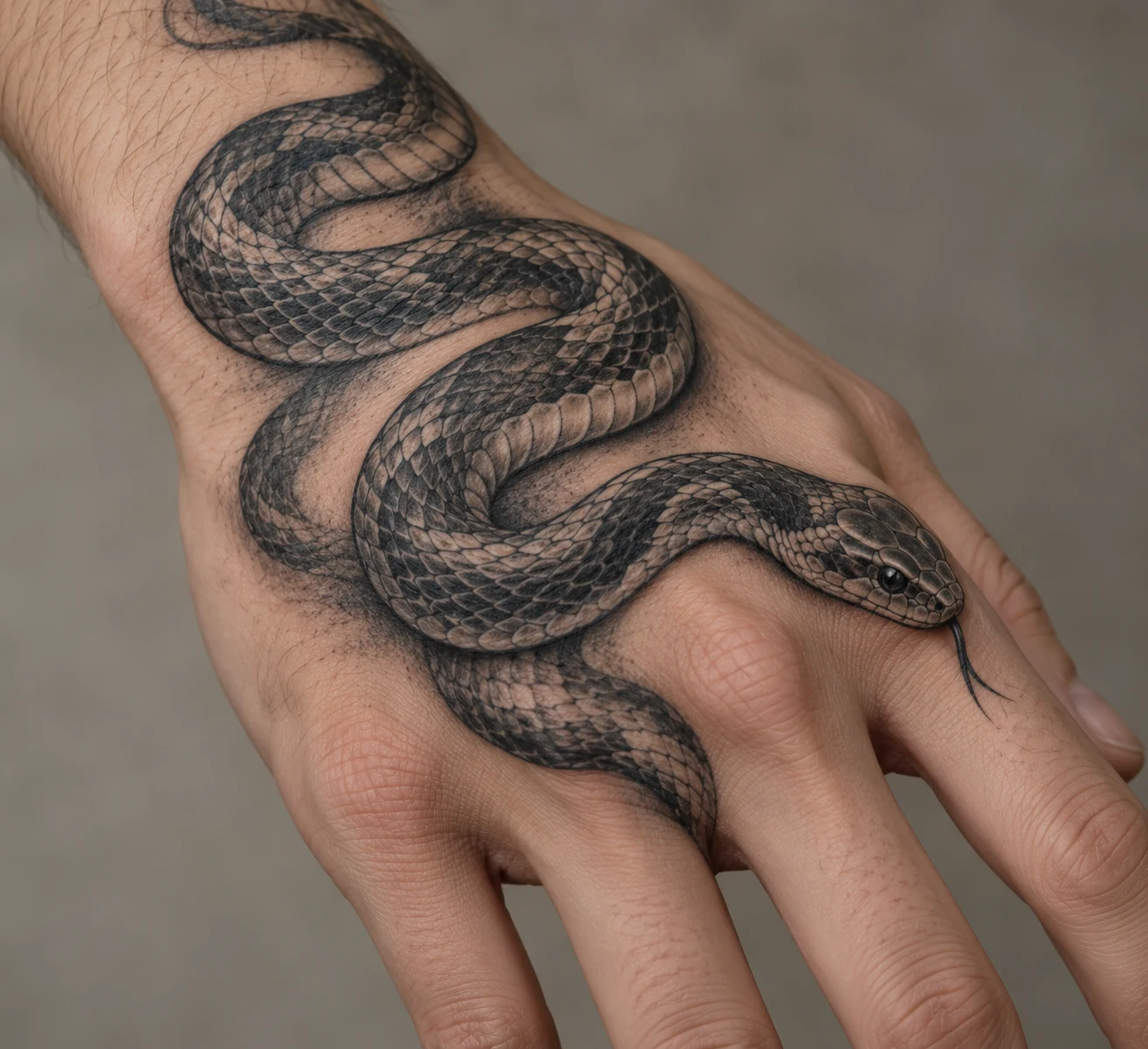 Black and grey snake tattoo loosely coiled across a hand with its head near the index knuckle.