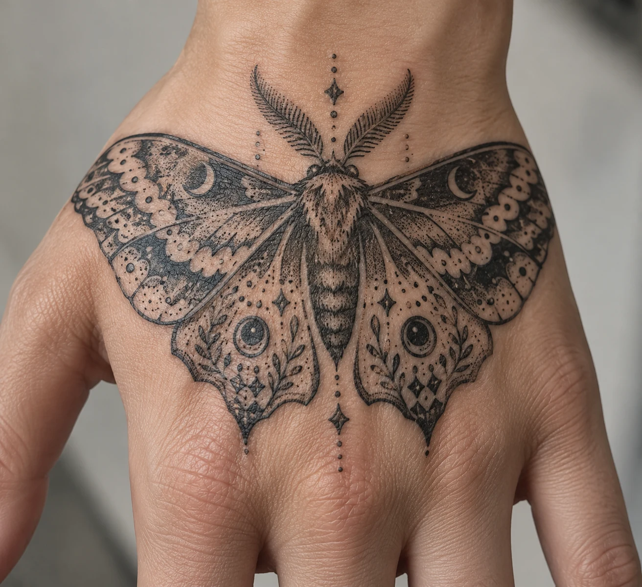 Black dotwork moth tattoo with broad patterned wings spread across the back of a hand.