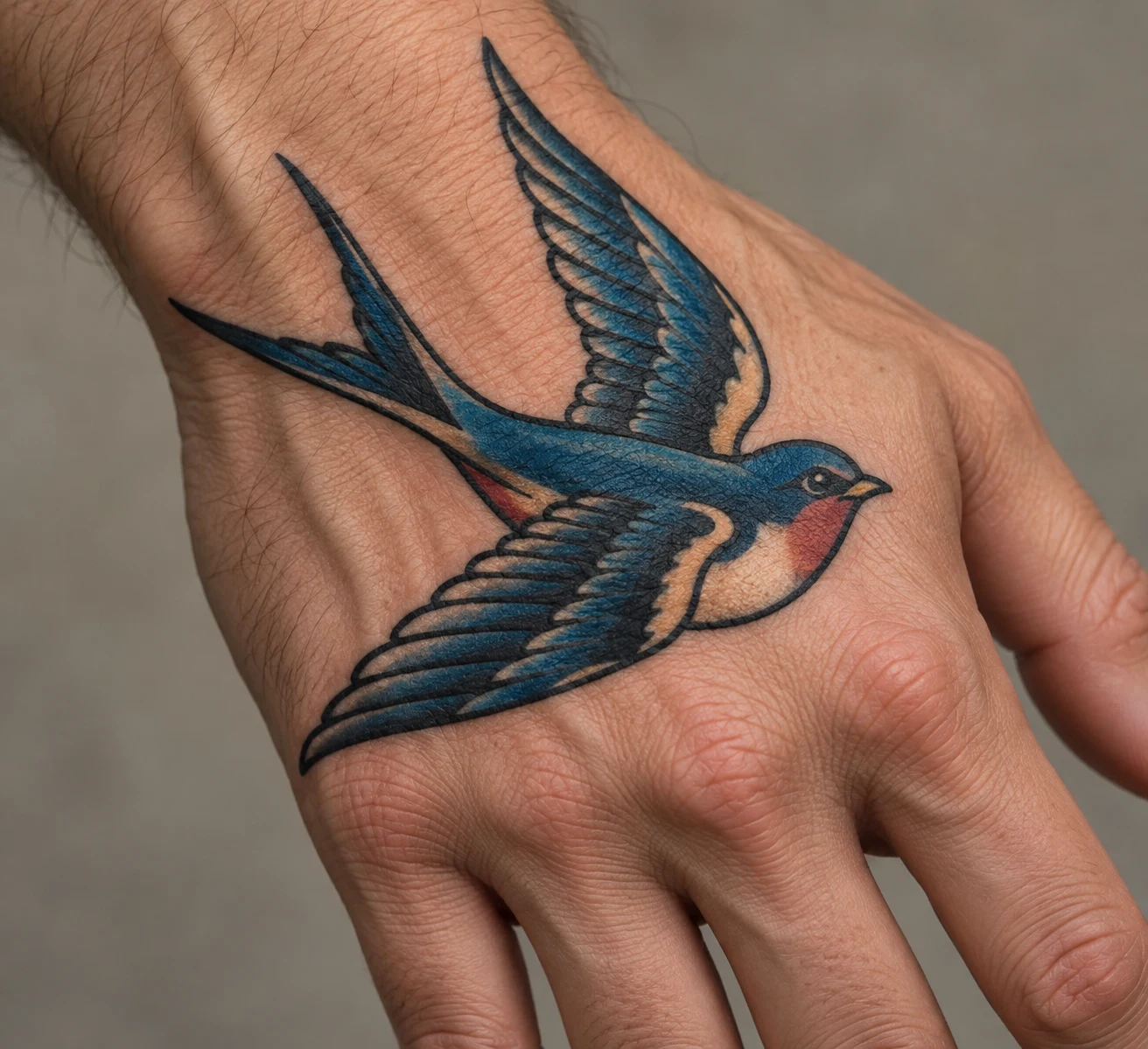Traditional swallow tattoo with blue wings and a forked tail angled across the back of a hand.