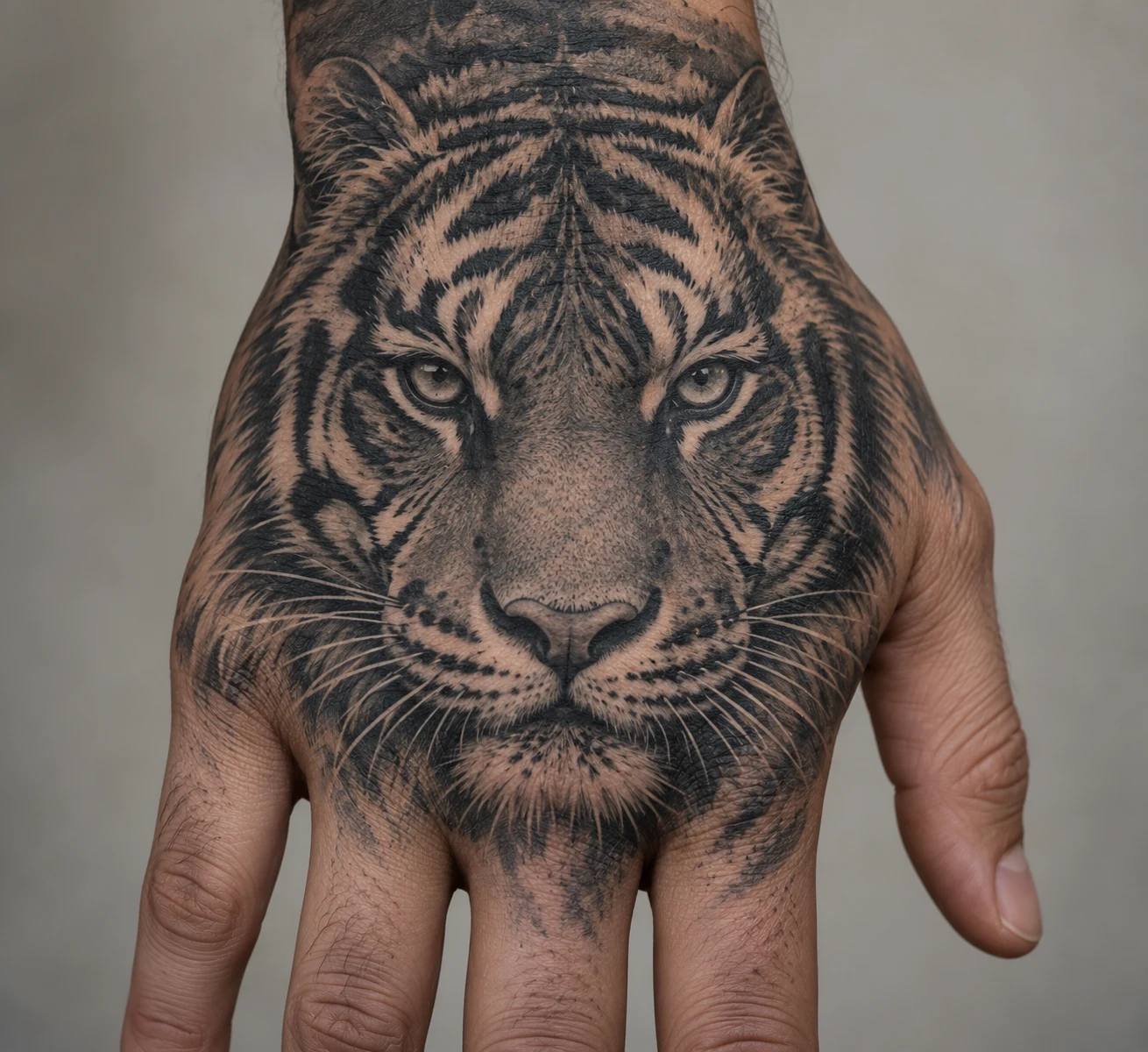 Black and grey tiger face tattoo with defined stripes centered across the back of a hand.