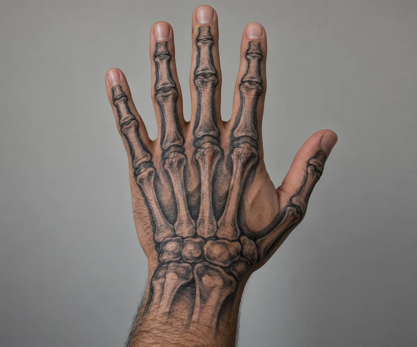 Black and grey skeleton bone tattoo extending across the back of a hand and onto the fingers.