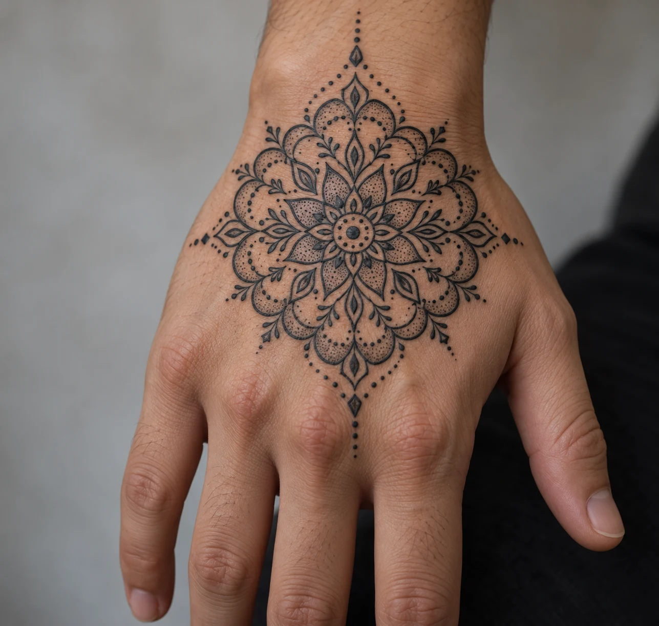 Black ornamental radial tattoo with scalloped edges and dot details centered on the back of a hand.