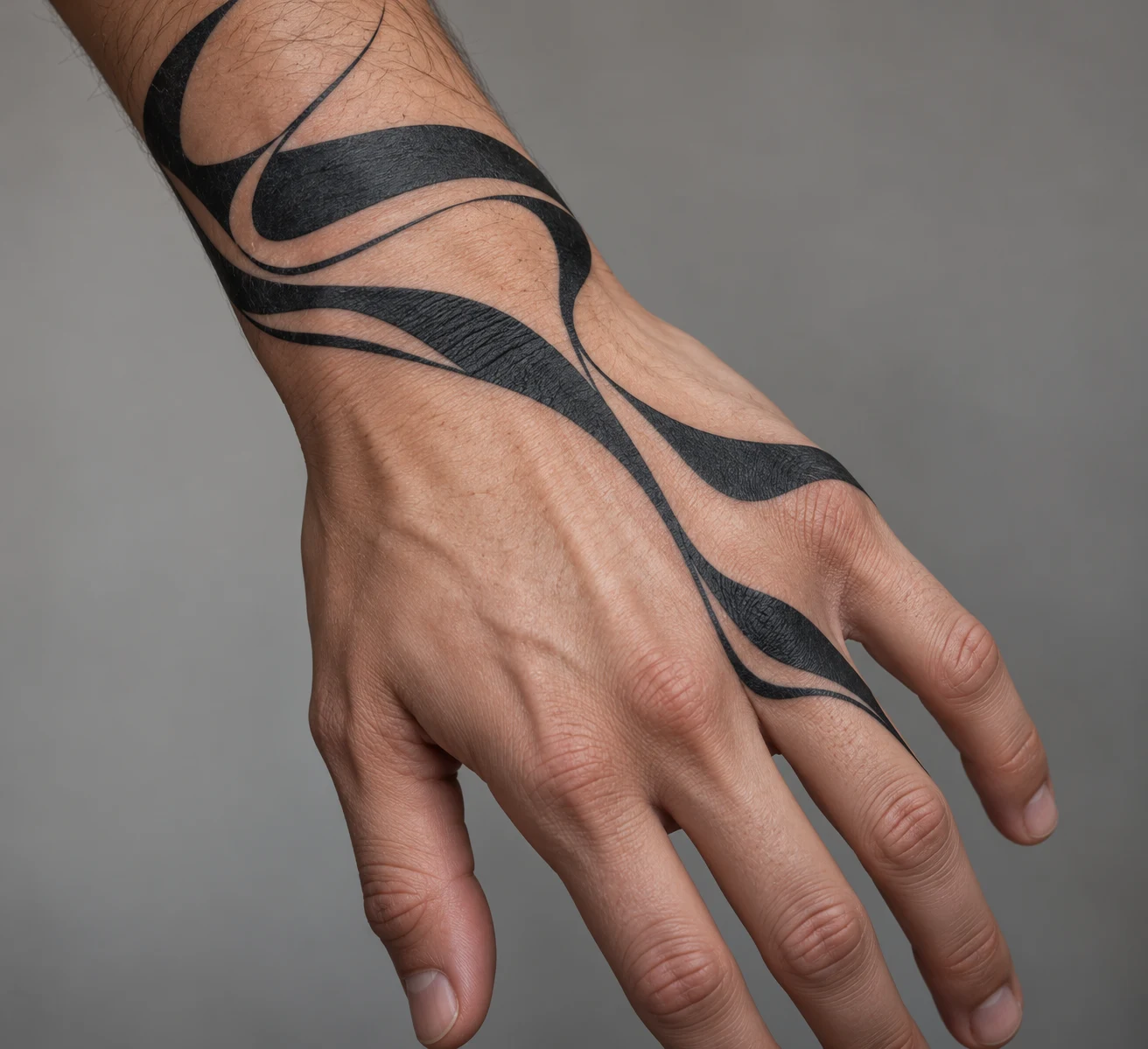 Abstract blackwork ribbon tattoo curving from the wrist across the back of a hand with open skin gaps.