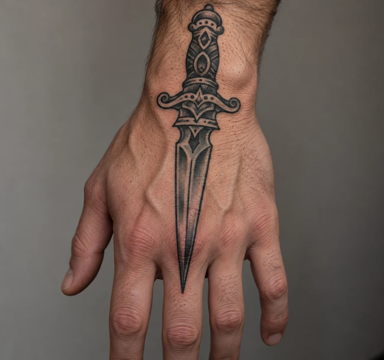 Traditional dagger tattoo with a decorative handle and grey blade aligned along the back of a hand.