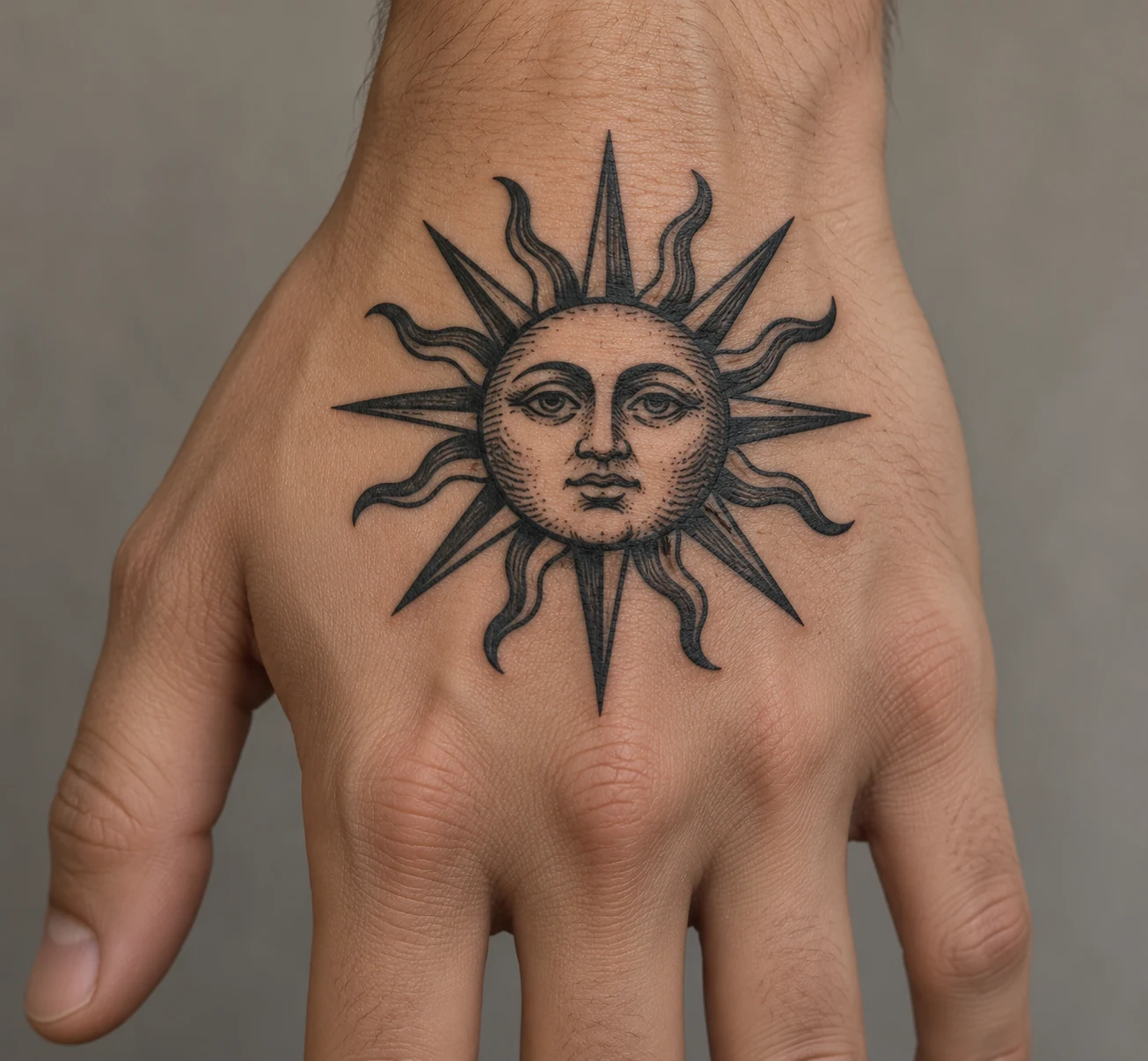 Black sun face tattoo with alternating straight and curved rays centered on the back of a hand.