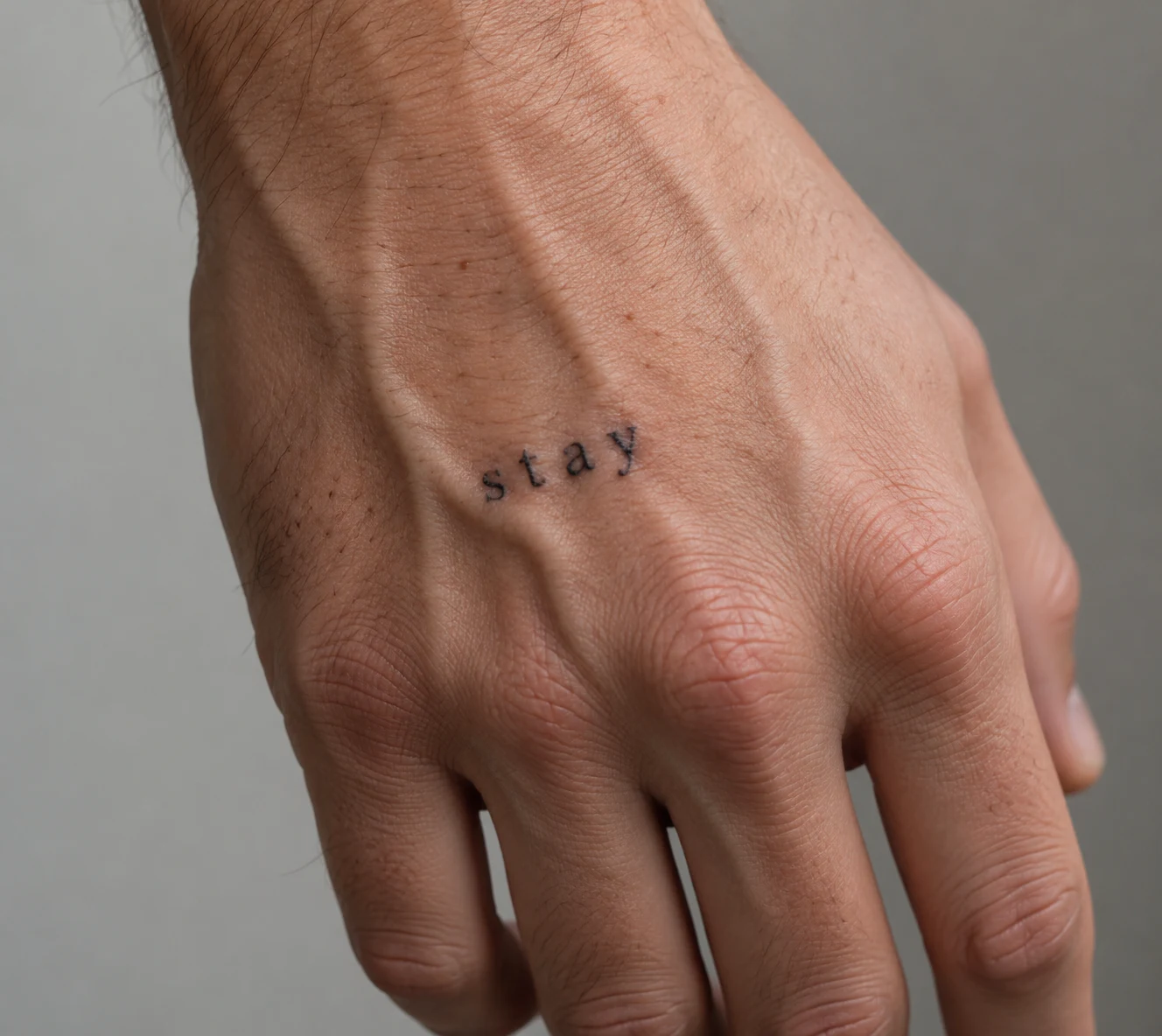 Small lowercase “stay” tattoo in plain black lettering across the back of a hand.