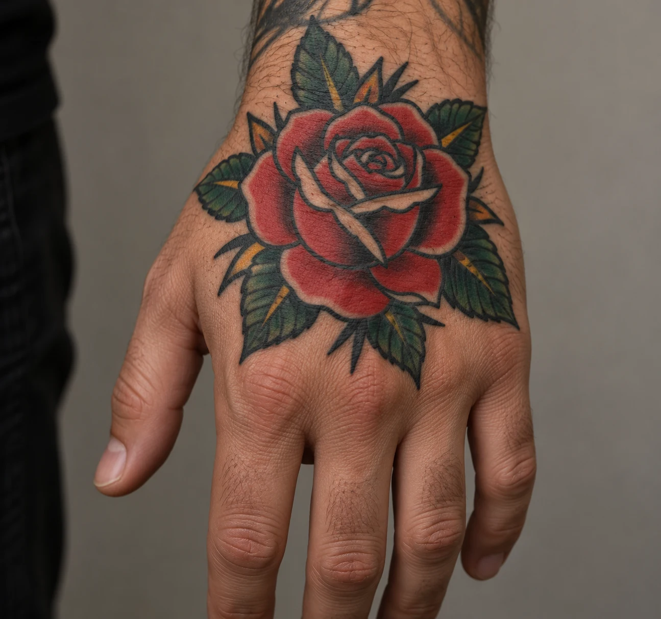 Traditional red rose tattoo with bold black outlines and green leaves across the back of a hand.