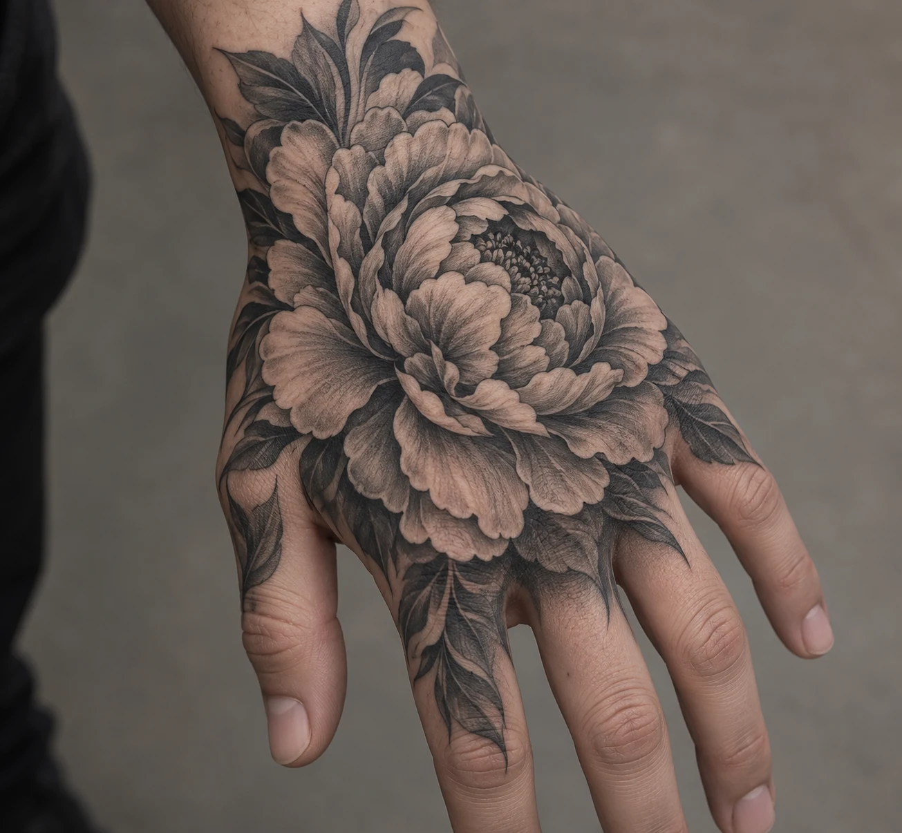 Black and grey peony tattoo with layered shaded petals covering the back of a hand.